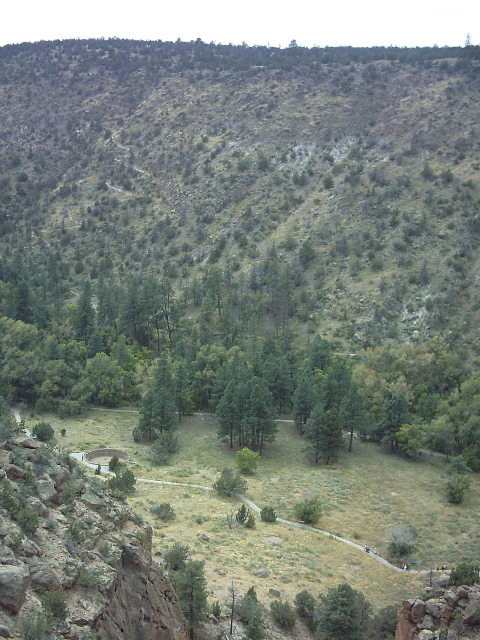 Climbing down the switchbacked Frey Trail into Frijole Canyon.  The archeological sites are far below